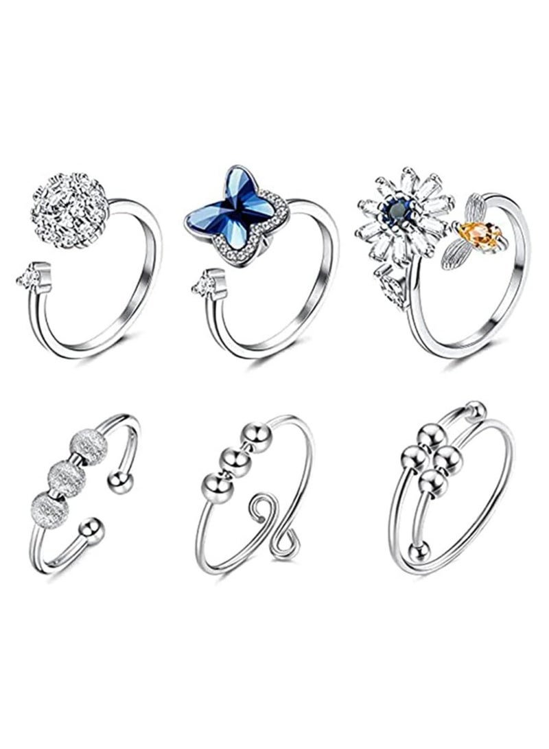 أوزيغالور 6 عبوات من خواتم القلق للنساء، زهرة وفراشة CZ قابلة للتعديل، هدية لتخفيف التوتر - Image 1