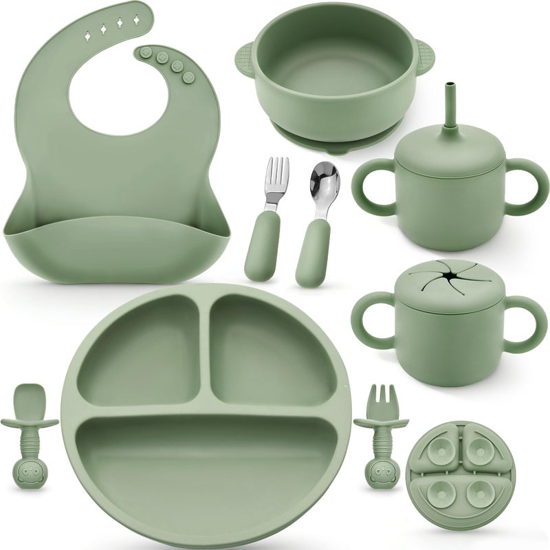 Bufims Silicone Baby Feeding Set, Baby Led Weaning Supplies, Eating Essentials Utensils with Suction Plate and Bowl, Pocket Bib, Sippy Cup with Lid, Forks Spoons Snack Container, for 6+ Months, Green - Image 1