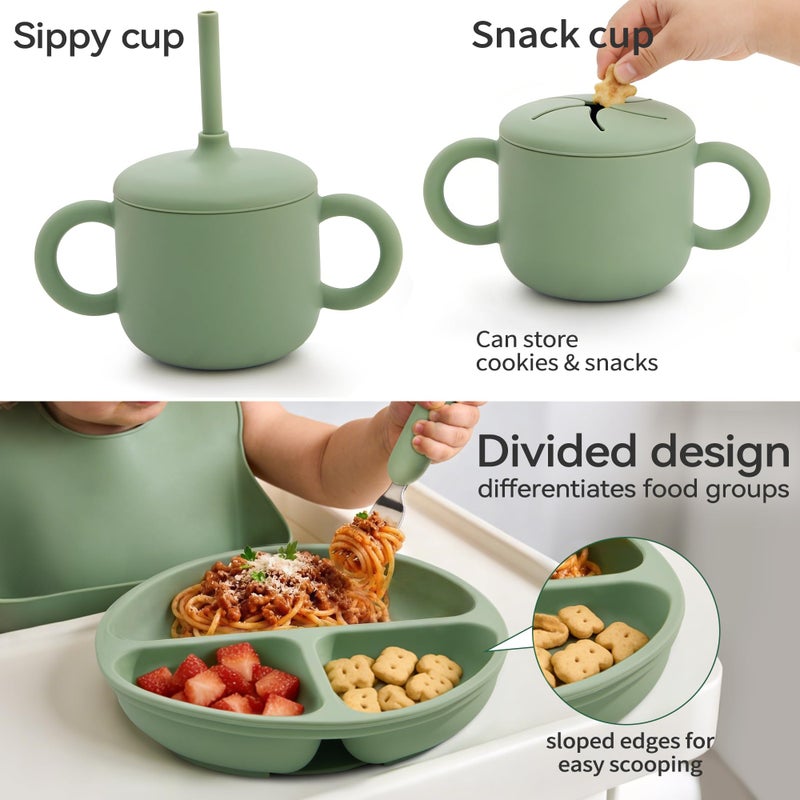 Bufims Silicone Baby Feeding Set, Baby Led Weaning Supplies, Eating Essentials Utensils with Suction Plate and Bowl, Pocket Bib, Sippy Cup with Lid, Forks Spoons Snack Container, for 6+ Months, Green - Image 5
