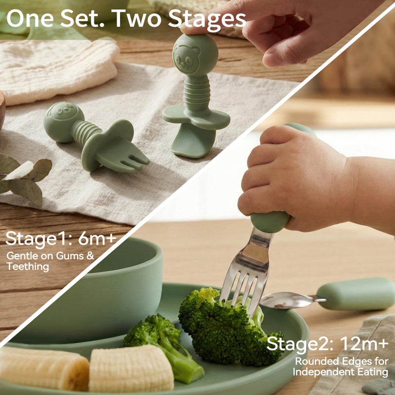 Bufims Silicone Baby Feeding Set, Baby Led Weaning Supplies, Eating Essentials Utensils with Suction Plate and Bowl, Pocket Bib, Sippy Cup with Lid, Forks Spoons Snack Container, for 6+ Months, Green - Image 4