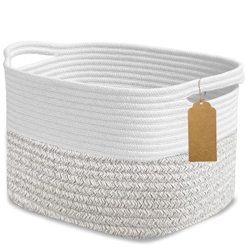 Tailoreadily Woven Storage Basket Cotton Rope Closet Organizers Bins for Clothes Blanket Towels Stylish Gift Baskets with Handles 134 x 93 x 95 in White and Grey Pack of 1 - Image 1