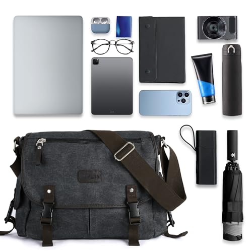 WEPLAN حقيبة رسول للرجال، حقيبة كتف قماشية للجنسين، حقائب رسول عسكرية كلاسيكية عتيقة للنساء، حقيبة ساتشيل، حقيبة كتب عبر الجسم، سوداء - Image 5