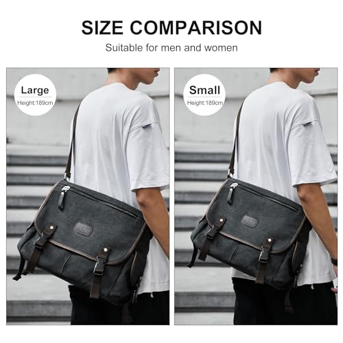 WEPLAN حقيبة رسول للرجال، حقيبة كتف قماشية للجنسين، حقائب رسول عسكرية كلاسيكية عتيقة للنساء، حقيبة ساتشيل، حقيبة كتب عبر الجسم، سوداء - Image 2