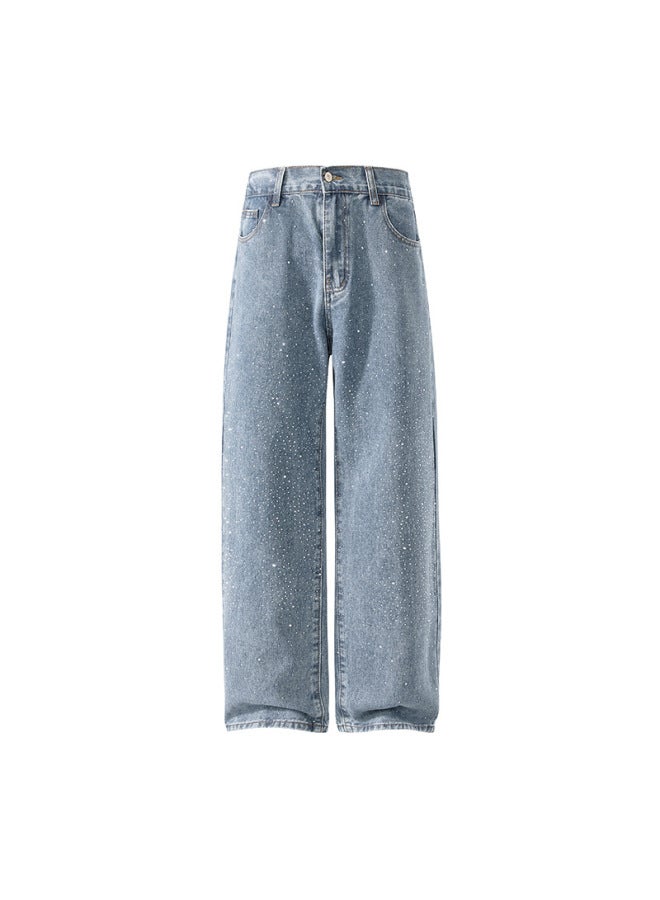 Men's Summer New Rhinestone Jeans Men's Casual Loose Straight Leg Versatile Ankle-length Pants