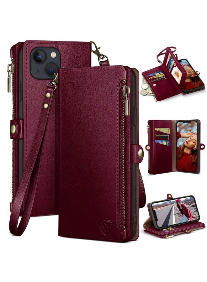 XcaseBar Compatible with iPhone 15 6.1" Wallet case with Zipper Credit Card Holder【RFID Blocking】,Flip Folio Book PU Leather Phone case Shockproof Cover Men Women for Apple 15 case Wine Red - Image 1