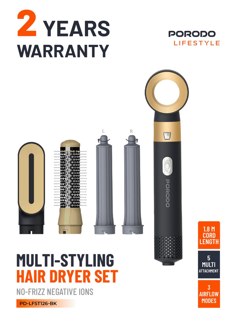 porodo Multi-Styling Hair Dryer Set with 5 Drying Combs / No-Frizz Negative Ions / 30mm spiral curler / Straightening / Volumizing and Curling - Black - Image 1