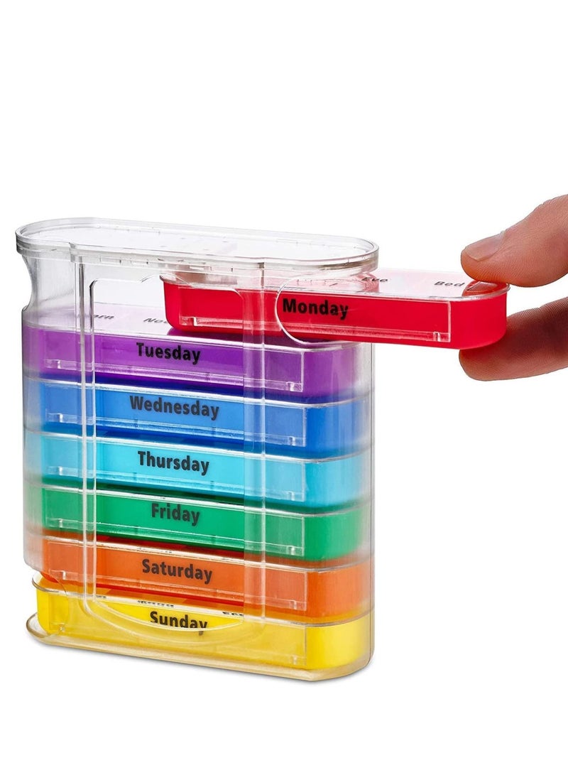 Pill Organizer, Large Capacity Weekly Box Four Times-a-Day, 1 Dispenser with Stackable AM/PM Compartments, Rainbow Morning and Evening Case 28 Dividers BPA-Free Medicine - Image 1