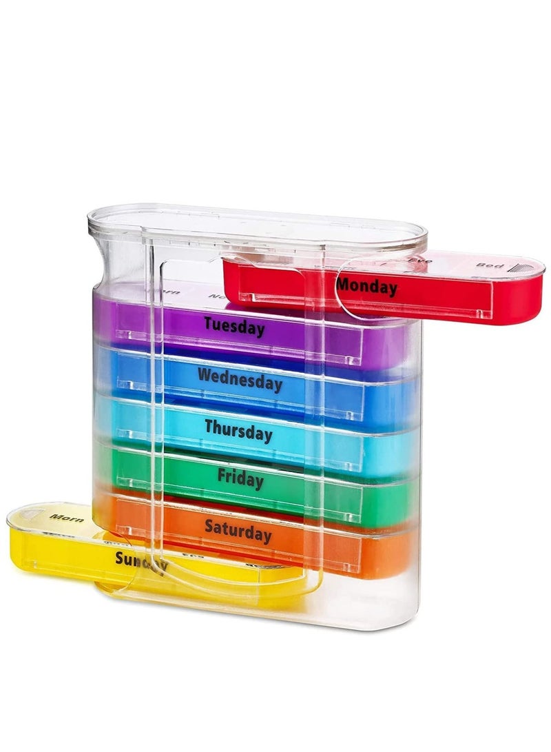 Pill Organizer, Large Capacity Weekly Box Four Times-a-Day, 1 Dispenser with Stackable AM/PM Compartments, Rainbow Morning and Evening Case 28 Dividers BPA-Free Medicine - Image 2