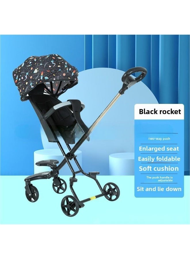 ORiTi عربة أطفال قابلة للطي بأربع عجلات أداة مشي للأطفال، مناسبة للجلوس أو الاستلقاء - أسود - Image 1