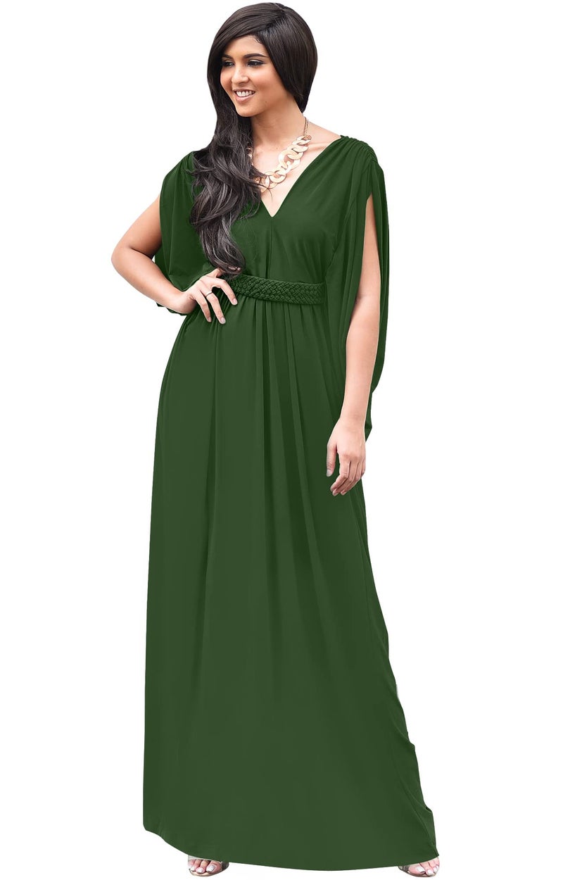 KOH KOH Petite Womens Long V-Neck Summer Grecian Greek Bridesmaid Wedding Party Guest Flowy Formal Evening Slimming Vintage Maternity Gown Gowns Maxi Dress Dresses, Olive Green S 4-6 - Image 1