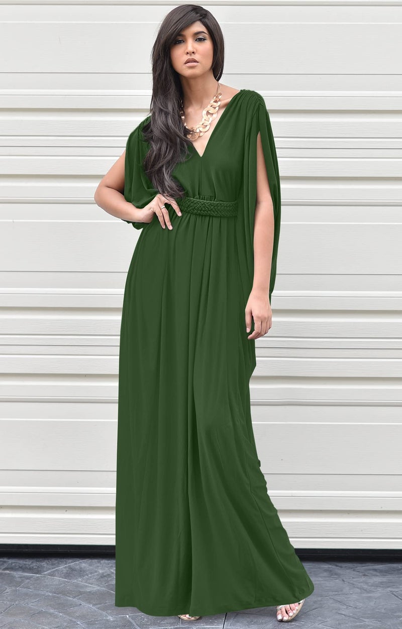 KOH KOH Petite Womens Long V-Neck Summer Grecian Greek Bridesmaid Wedding Party Guest Flowy Formal Evening Slimming Vintage Maternity Gown Gowns Maxi Dress Dresses, Olive Green S 4-6 - Image 3
