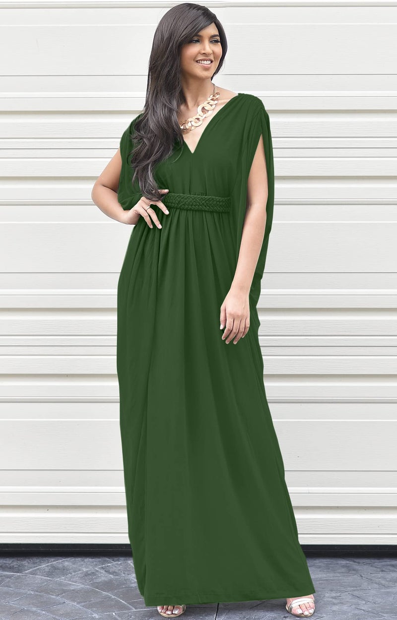 KOH KOH Petite Womens Long V-Neck Summer Grecian Greek Bridesmaid Wedding Party Guest Flowy Formal Evening Slimming Vintage Maternity Gown Gowns Maxi Dress Dresses, Olive Green S 4-6 - Image 4