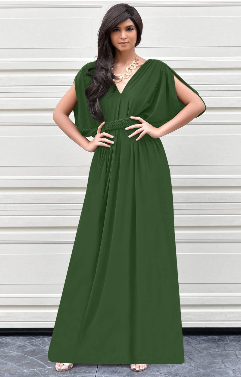 KOH KOH Petite Womens Long V-Neck Summer Grecian Greek Bridesmaid Wedding Party Guest Flowy Formal Evening Slimming Vintage Maternity Gown Gowns Maxi Dress Dresses, Olive Green S 4-6 - Image 2