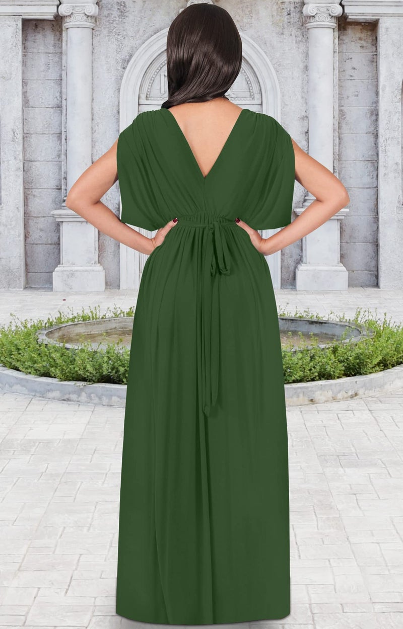 KOH KOH Petite Womens Long V-Neck Summer Grecian Greek Bridesmaid Wedding Party Guest Flowy Formal Evening Slimming Vintage Maternity Gown Gowns Maxi Dress Dresses, Olive Green S 4-6 - Image 5