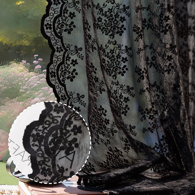Anmao Vintage Lace Curtains 90 Inches Long 2 Panels  Romantic Semi Sheer Floral Lacy Curtains for Living Room  Elegant Window Drapes for Bedroom with Bow Curtain Ties  55 Inch Wide Each Panel  Black - Image 4