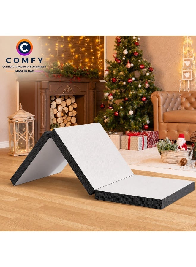 Comfy White Folding Portable Knitted Cotton 180 X 90 X 10cm Mattress With Black Border - Image 1