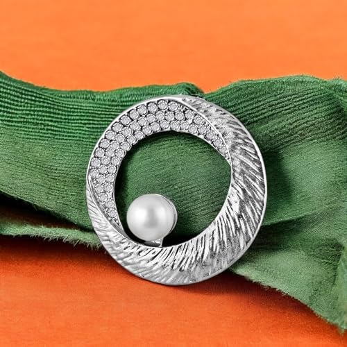 Mahi Rhodium Plated Studded Crystals and Artificial Pearl Saree Pin Brooch for Women (BP1101179RWhi) - Image 3