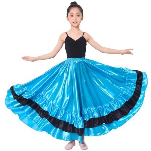 Backgarden 30" Girls Blue Black Ruffles Layers Satin Long Dance Skirt Dance Wear - Image 1