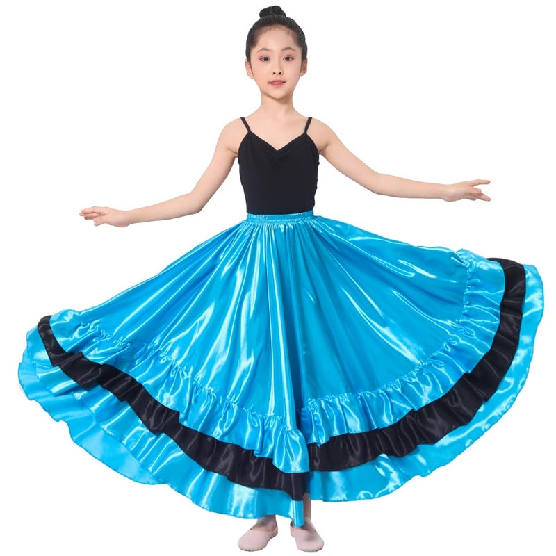 Backgarden 30" Girls Blue Black Ruffles Layers Satin Long Dance Skirt Dance Wear - Image 4