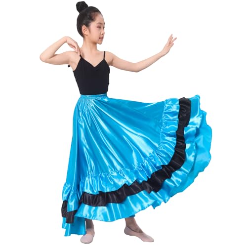 Backgarden 30" Girls Blue Black Ruffles Layers Satin Long Dance Skirt Dance Wear - Image 3