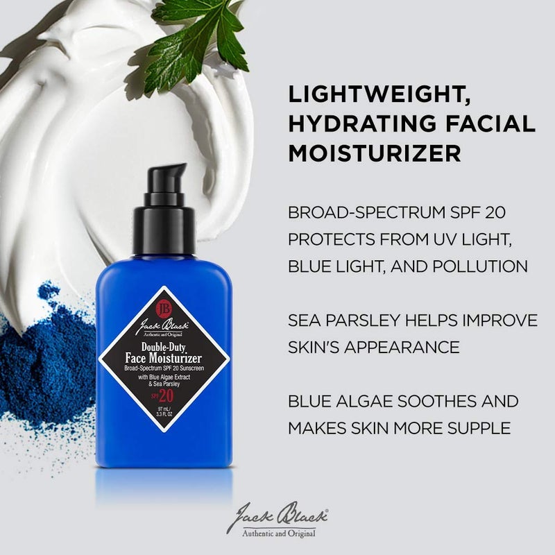Jack Black Double-Duty Face Moisturizer, 3.3 Fl. Oz â€“ SPF 20 Sun Protection, Long Lasting Hydrating Skincare, Lightweight Moisturizer, Menâ€™s Facial Moisturizer