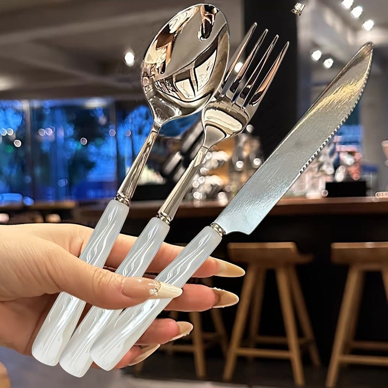 3 Pieces Pink Ceramic Handle Stainless Steel Tableware Set With Knife Fork And Spoon For Home Restaurant Kitchen Daily Dining Party Holiday Gatherings - Image 1