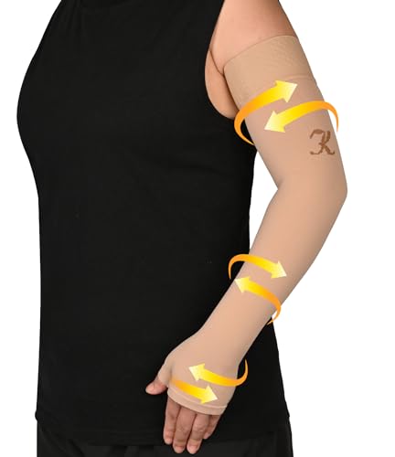 KEKING Lymphedema Compression Arm Sleeve with Gauntlet for Women Men, 20-30 mmHg Medical Graduated Compression Arm Brace, Full Arm Support Brace for Pain Relief, Arthritis, Swelling, Single Beige S - Image 1