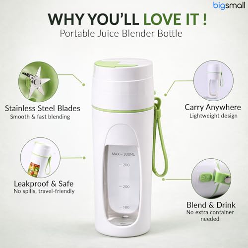 Bigsmall Portable USB Rechargeable Blender for Smoothies, Juices, Milkshakes, Baby Food, Ice Crushing | 340ml | Leak-Proof Lid 2400mAh | 8 Stainless Steel Blades | Electric Juicer Mixer Bottle (Green) - Image 3