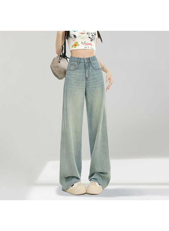 هابي نوستالجيك بلو جينز ضيق واسع الأرجل للسيدات صيفي رفيع جديد مرتفع الخصر فضفاض نحيف مستقيم بنطلون - Image 1