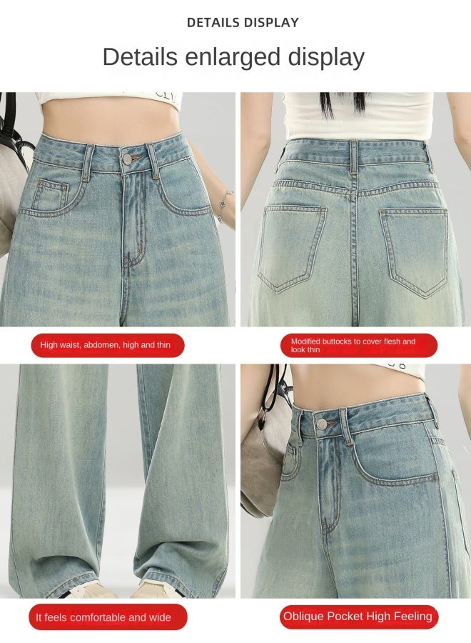 هابي نوستالجيك بلو جينز ضيق واسع الأرجل للسيدات صيفي رفيع جديد مرتفع الخصر فضفاض نحيف مستقيم بنطلون - Image 2