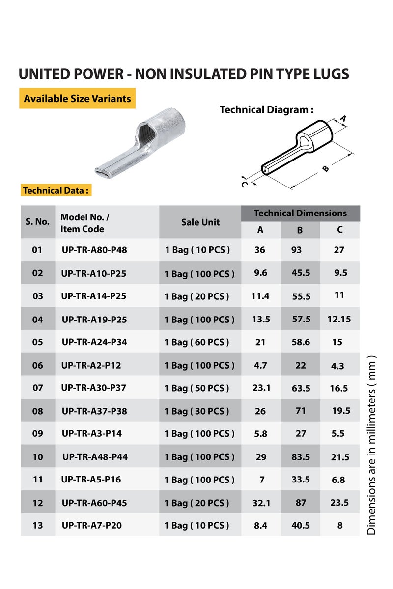 يونايتد باور عروات دبوسية غير معزولة - عروات كابلات نحاسية شديدة التحمل للتوصيلات الكهربائية - Image 2