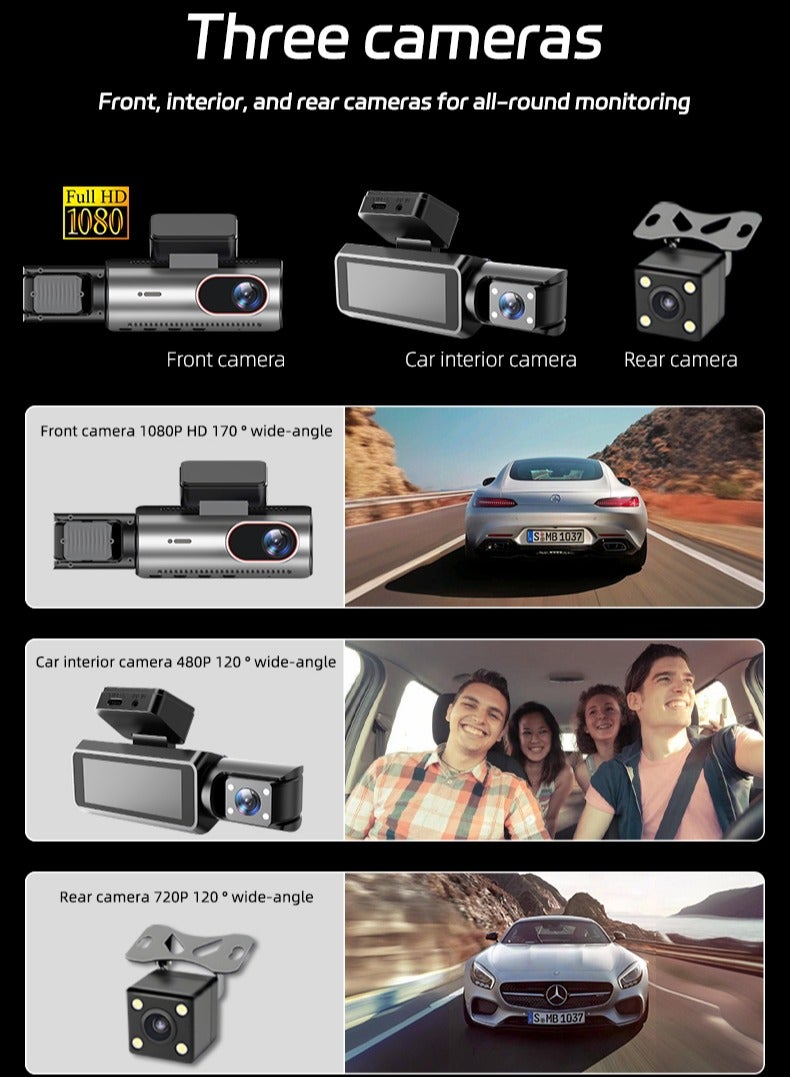 Generic Dash Cam Front and Rear, 1080p Triple Car Camera with , 3 Channel Dash Camera for Cars, 64GB Card,G-Sensor, 3.16” IPS Screen, 170°Wide Angle, Loop Recording, IR Night Vision  - Image 4