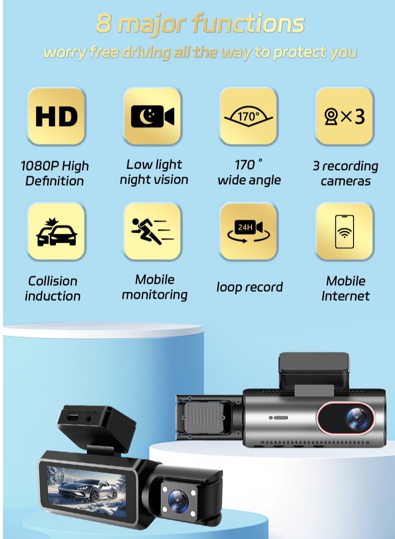 Generic Dash Cam Front and Rear, 1080p Triple Car Camera with , 3 Channel Dash Camera for Cars, 64GB Card,G-Sensor, 3.16” IPS Screen, 170°Wide Angle, Loop Recording, IR Night Vision  - Image 2