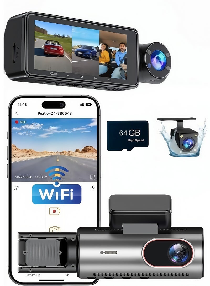 Generic Dash Cam Front and Rear, 1080p Triple Car Camera with , 3 Channel Dash Camera for Cars, 64GB Card,G-Sensor, 3.16” IPS Screen, 170°Wide Angle, Loop Recording, IR Night Vision  - Image 1