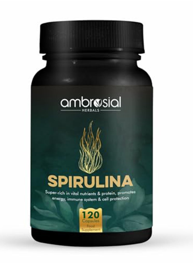 ambrosial - كبسولات سبيرولينا عالية الجرعة - 500 ملغ أقراص سبيرولينا معتمدة بدون إضافات و 100% نباتية مصدر غني للبروتين والفيتامينات والمعادن (عبوة من 1-120 كبسولة) - Image 1