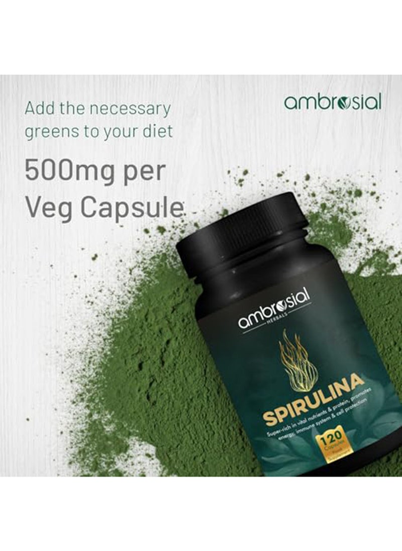 ambrosial - كبسولات سبيرولينا عالية الجرعة - 500 ملغ أقراص سبيرولينا معتمدة بدون إضافات و 100% نباتية مصدر غني للبروتين والفيتامينات والمعادن (عبوة من 1-120 كبسولة) - Image 1