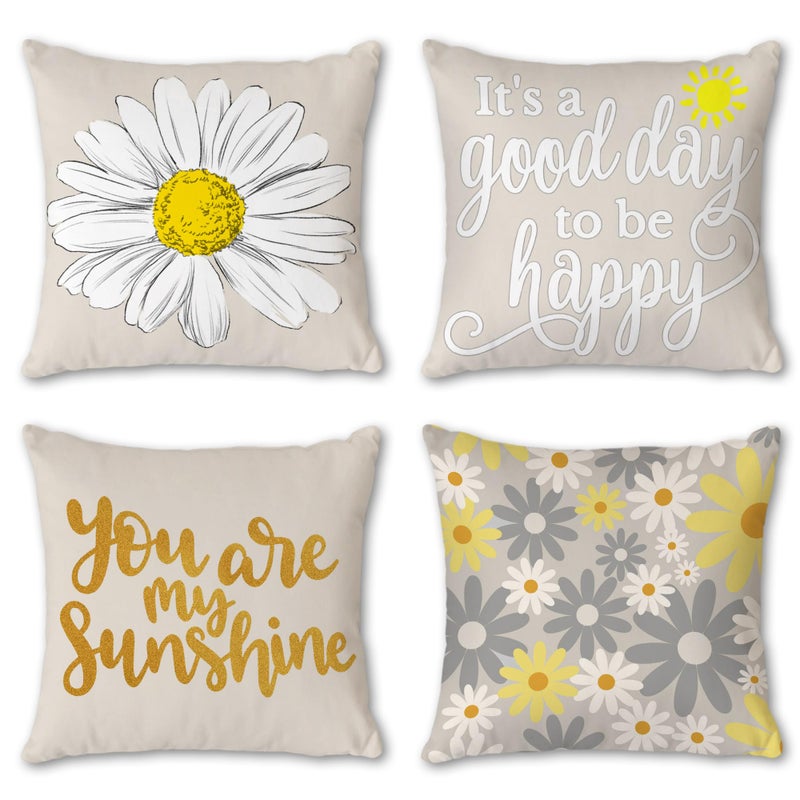 Hexagram Spring Pillow Covers 16 x 16 Summer Yellow Throw Pillow Covers Set of 4 Sunflower Room Decor for Living Room Couch Sofa Patio Cushion Linen Outdoor Yellow Gray Home Decor