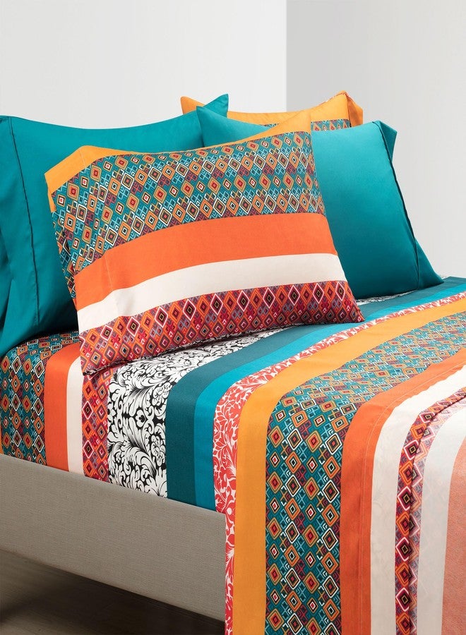 Lush Decor Boho Stripe Soft Sheet 6 Piece Set, King, Turquoise & Tangerine - Image 1