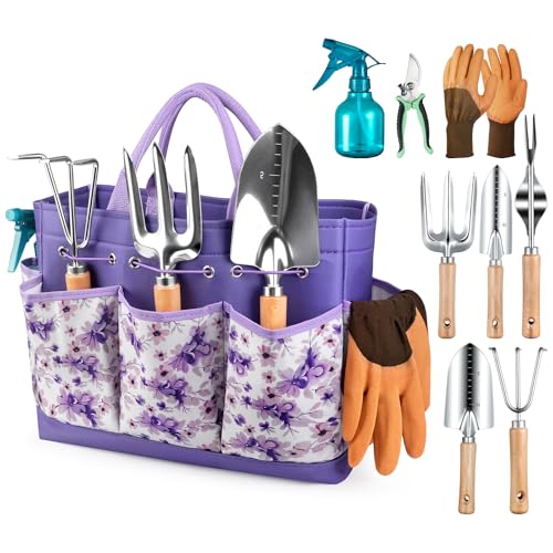 Grenebo Gardening Tools 9Piece Heavy Duty Garden Hand Tools with Fashion and Durable Garden Tools Organizer Handbag RustProof Garden Tool Set Ideal Gardening Gifts for Women Purple - Image 1