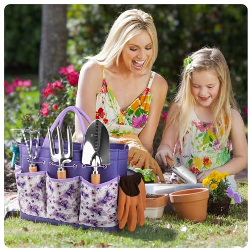 Grenebo Gardening Tools 9Piece Heavy Duty Garden Hand Tools with Fashion and Durable Garden Tools Organizer Handbag RustProof Garden Tool Set Ideal Gardening Gifts for Women Purple - Image 3