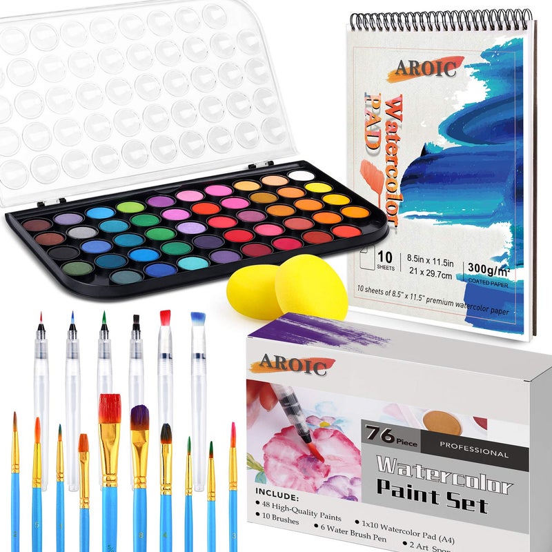 Watercolor Paint Set 48 Color Watercolor with 10 PCS Nylon Brushes6 PCS Refillable Water Brush Pen 10 Page PadA4 and 2 PCS Art Sponges Watercolor Paint set for AdultsChildren and Beginners