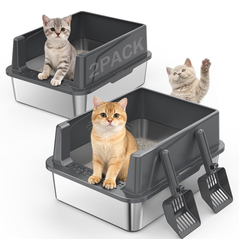 MIXJOY 2PACK Stainless Steel Cat Litter Box with Lid, High-Sided Metal Litter Pan for Small Cats, Kitty Litter Box, Non-Stick & Odor-Resistant, Anti-Urine Leakage, Easy to Clean, Scoop Included - Image 1