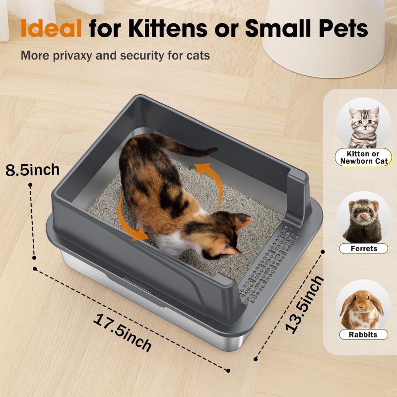MIXJOY 2PACK Stainless Steel Cat Litter Box with Lid, High-Sided Metal Litter Pan for Small Cats, Kitty Litter Box, Non-Stick & Odor-Resistant, Anti-Urine Leakage, Easy to Clean, Scoop Included - Image 2