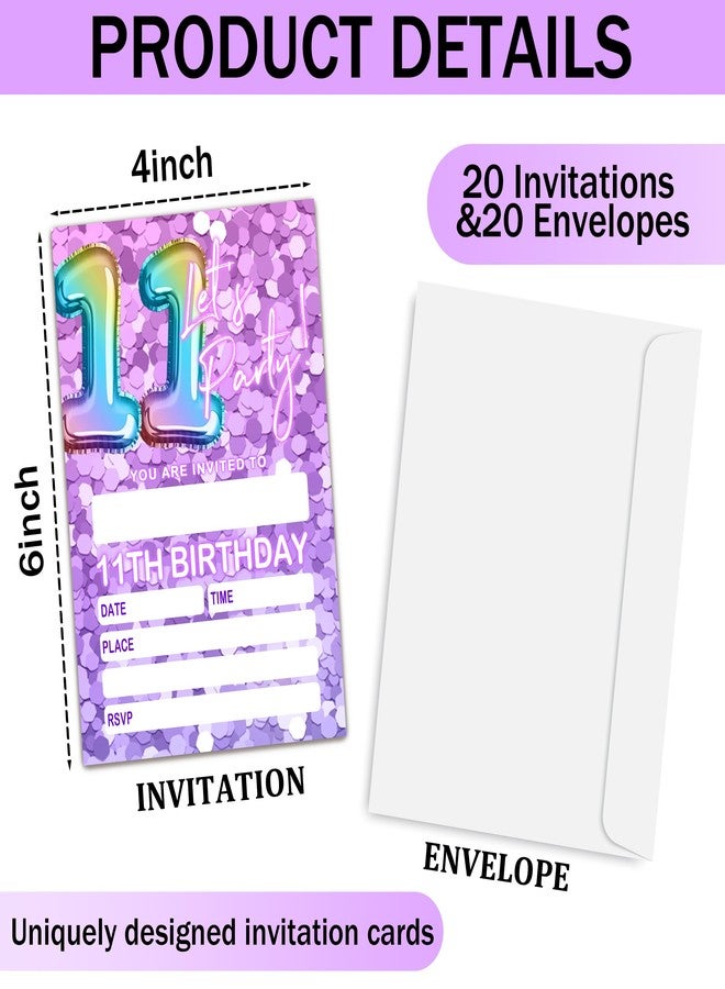 JUPXB Let's Party Birthday Invitations for 11th Girls Boys Pink Rainbow Balloons Fill-in Birthday Invites for Girls Children Party Supplies Favors Decorations (20 Invitations and Envelopes) - F11 - Image 2
