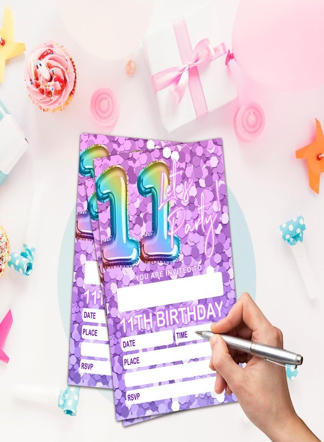 JUPXB Let's Party Birthday Invitations for 11th Girls Boys Pink Rainbow Balloons Fill-in Birthday Invites for Girls Children Party Supplies Favors Decorations (20 Invitations and Envelopes) - F11 - Image 3