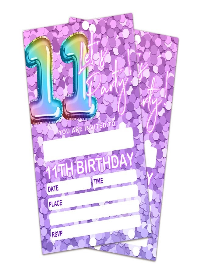 JUPXB Let's Party Birthday Invitations for 11th Girls Boys Pink Rainbow Balloons Fill-in Birthday Invites for Girls Children Party Supplies Favors Decorations (20 Invitations and Envelopes) - F11 - Image 1