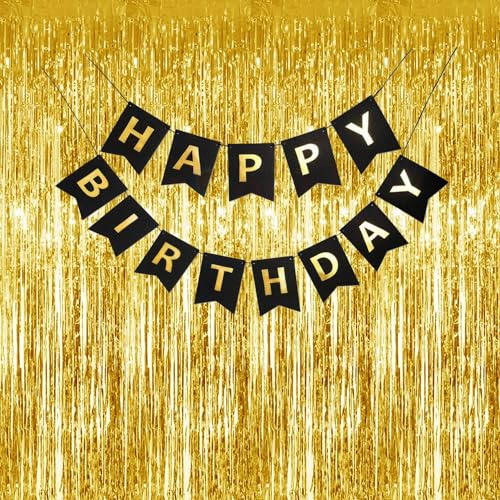 Propsicle Golden Foil Curtain Backdrop Pack of 2 (3 x 6 ft Each) with Black Happy Birthday Banner Set - Tinsel Fringe Decoration for Kids & Adults Birthday Celebration - Image 1