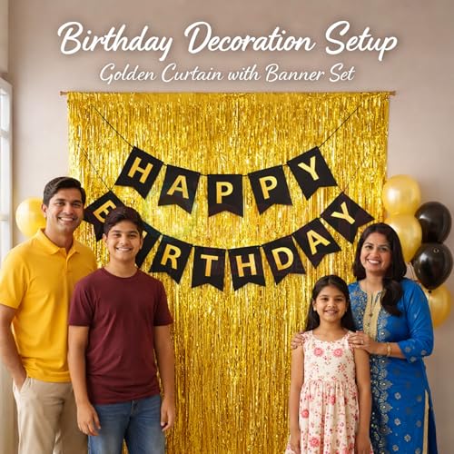 Propsicle Golden Foil Curtain Backdrop Pack of 2 (3 x 6 ft Each) with Black Happy Birthday Banner Set - Tinsel Fringe Decoration for Kids & Adults Birthday Celebration - Image 3