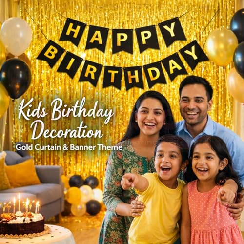 Propsicle Golden Foil Curtain Backdrop Pack of 2 (3 x 6 ft Each) with Black Happy Birthday Banner Set - Tinsel Fringe Decoration for Kids & Adults Birthday Celebration - Image 4