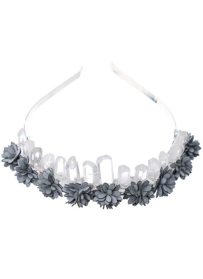 HAIMEIKANG Haimeikamg Raw Crystal Quartz Crown Headband With Flowers Handmade Natural Stone For Women Wedding Costume Hair Accessories And Parties (White Crystal + Gray Flowers)  - Image 1